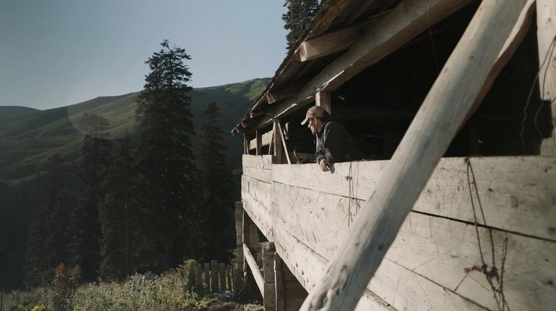 A man looking out over green hills from a wooden cabin. Still from Muradi by Kakha Mshvidobadze.
