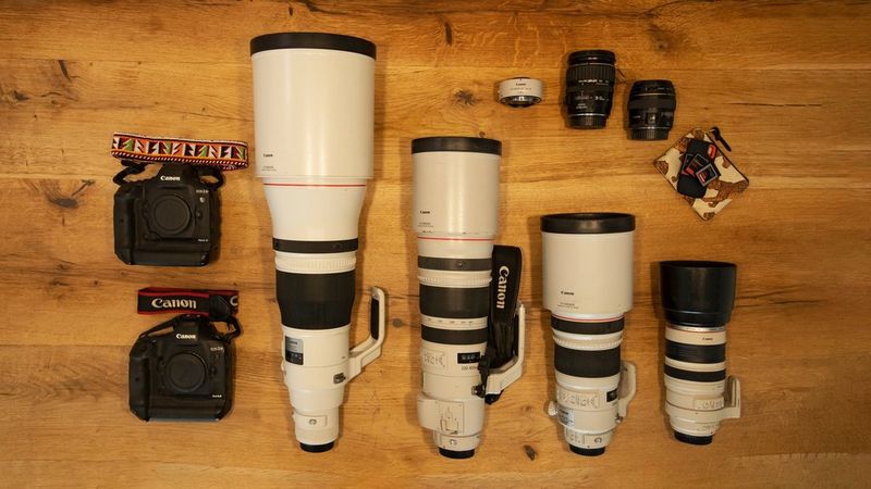 Marina Cano's kitbag containing Canon cameras, lenses and accessories.