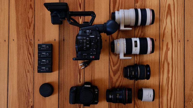 Martin Christ's kitbag containing Canon cameras and lenses.