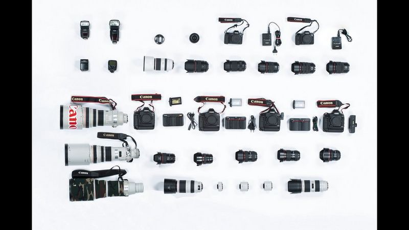 Massimo Sestini's kitbag containing Canon cameras, lenses and accessories.