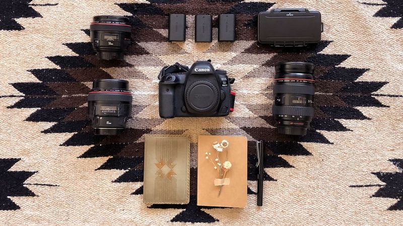 Maud Chalard's kitbag containing a Canon camera, lenses and accessories.