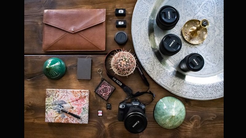 Canon Ambassador Meeri Koutaniemi's kitbag containing a Canon camera, lenses and accessories.