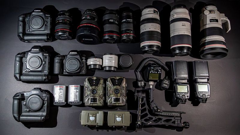 Canon Ambassador Mohammad Murad's kitbag containing Canon cameras, lenses and accessories.