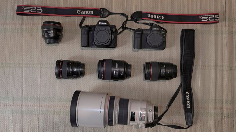 Muhammed Muheisen's kitbag, containing Canon cameras and lenses.