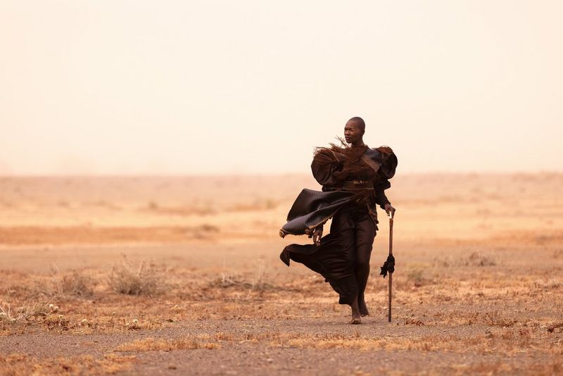 A fashion portrait of a woman in a long dress with exaggerated sleeves striding towards the camera across an arid landscape with a staff in her hand. Taken by Nina Zimolong on a Canon EOS R5.