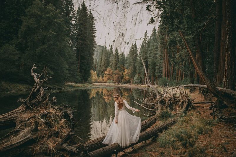 A woman in a white bridal dress, with her back to the camera, stands on the edge of a river surrounded by towering trees. 