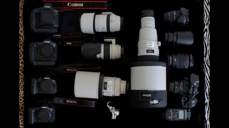 Canon Ambassador Prelena Soma Owen's kitbag containing Canon cameras, lenses and accessories.