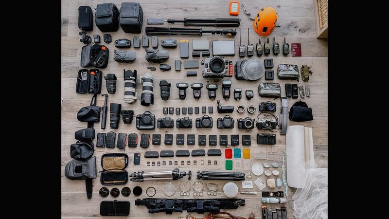 Canon Ambassador Raïs De Weirdt's kitbag containing Canon cameras, lenses and accessories.