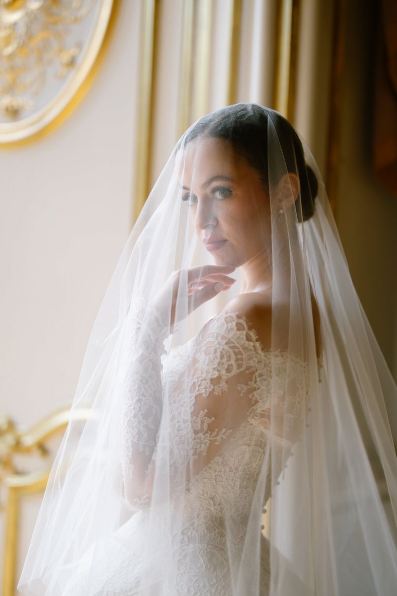 A portrait of a bride in a strapless lace dress looking out from under her veil.