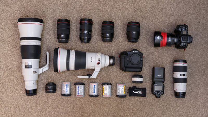 Richard Heathcote's kitbag containing Canon cameras, lenses and accessories. 