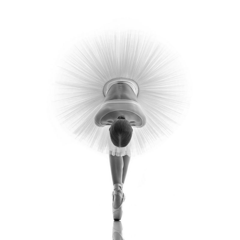 A black and white portrait of a ballet dancer in a tutu, en pointe and leaning forward so the skirt’s netting creates a perfect circle.