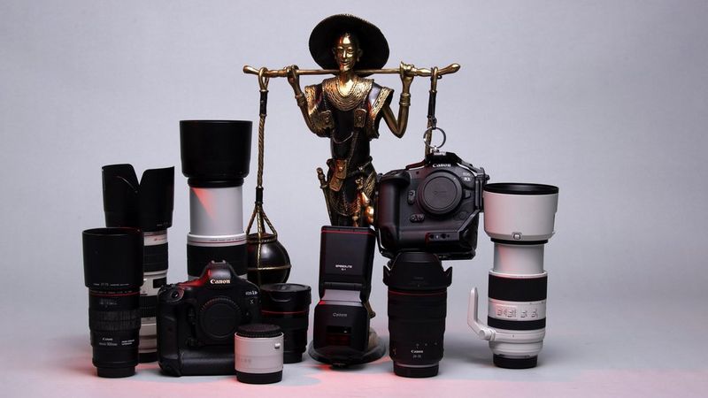 Canon Ambassador Seibou Traoré's kitbag containing Canon cameras, lenses and accessories. 