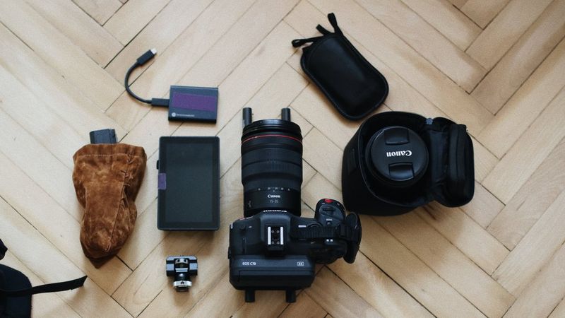 Canon Ambassador Szymon Dudka's kitbag containing a Canon camera, lenses and accessories. 