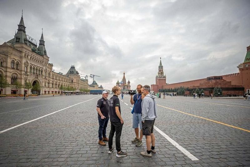 Cinematographer Clemens Boecker films Joey and Luke Kelly in Red Square, Moscow, with a Canon XA55 camcorder.