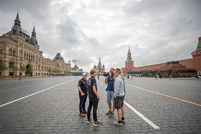 Cinematographer Clemens Boecker films Joey and Luke Kelly in Red Square, Moscow, with a Canon XA55 camcorder.