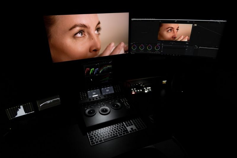 Компьютер в редакторской студии с двумя контрольными HD-мониторами.