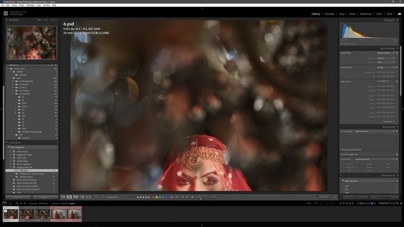 An image of the upper part of a young woman's face displayed in Adobe Lightroom. Several drop-down menus are also open on the screen.