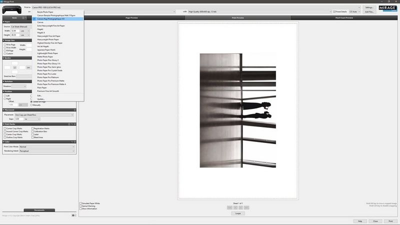 An image of a silhouetted couple at a 90° angle displayed in DINAX Mirage software, with a drop-down menu on the left featuring a range of paper types.