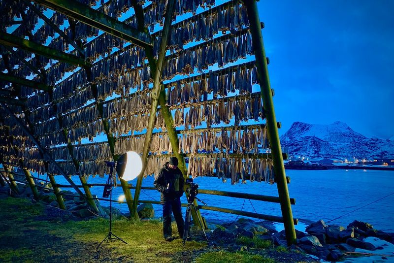 Roberto Palozzi, lit by a spotlight, films in the twilight inside a huge wooden frame covered in air-drying fish.
