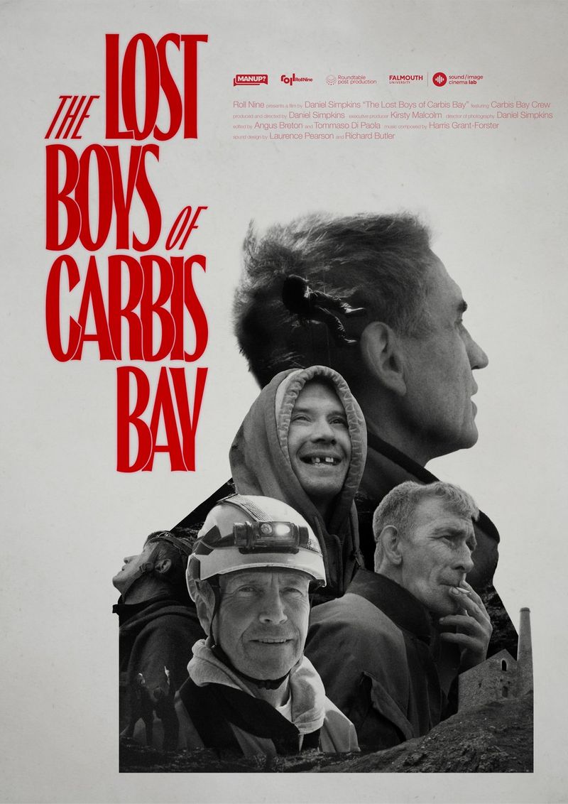 The film poster of The Lost Boys of Carbis Bay as created by Daniel Simpkin, featuring four men in monochrome.