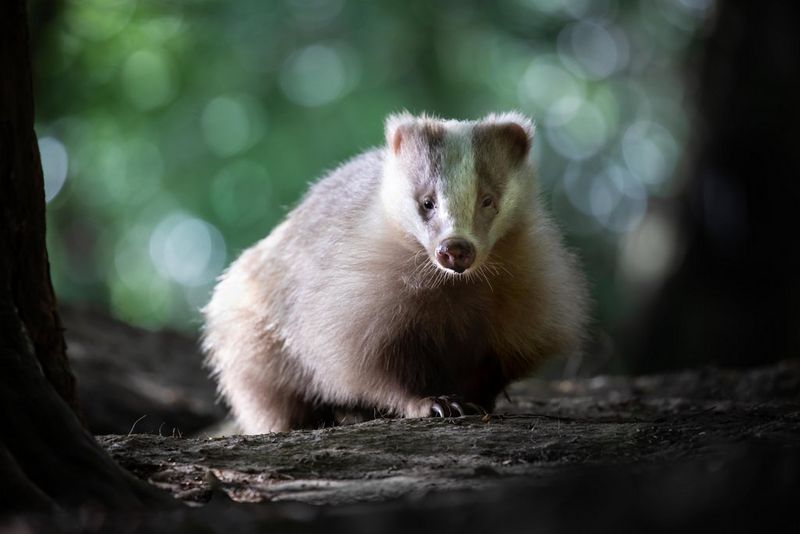 Любопытный небольшой барсук в лесу смотрит в камеру.
