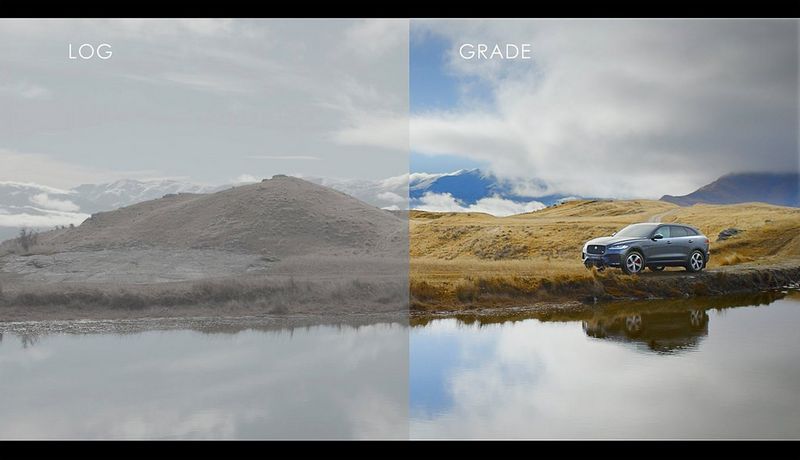Jaguar F-PACE parcheggiata lungo un lago, con metà dell'inquadratura che mostra la versione Canon Log e l'altra quella con grading.