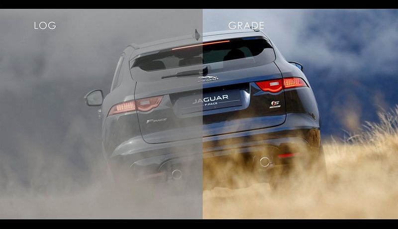 La parte posteriore di Jaguar F-PACE durante una ripresa con Canon EOS C200. Metà dell'inquadratura mostra la versione Canon Log e l'altra quella con grading.