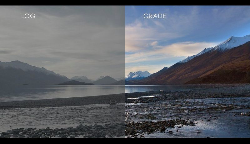 Scena lungo il lago con montagne sullo sfondo, con metà dell'inquadratura che mostra la versione Canon Log e l'altra quella con grading.
