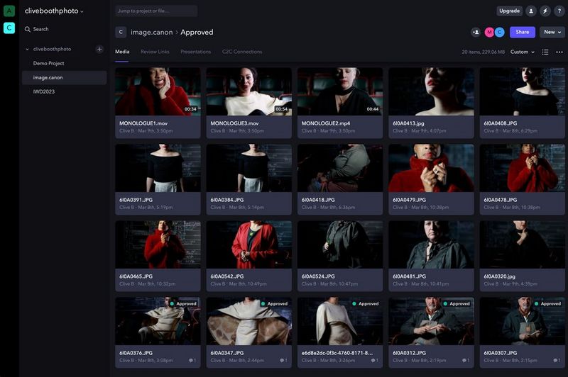 A computer screen showing a series of images and videos, shot by Clive Booth, displayed in image.canon. 