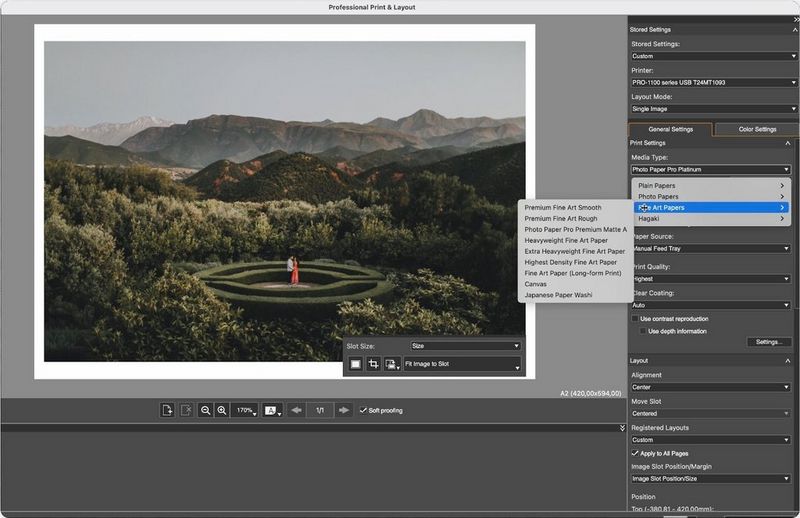 Een schermafbeelding van de papiersoort die wordt geselecteerd in de Professional Print & Layout (PPL)-software van Canon.