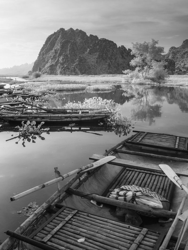 Wooden boats float on water, surrounded by plant life, the tones of the landscape turned monochrome via an infrared filter.