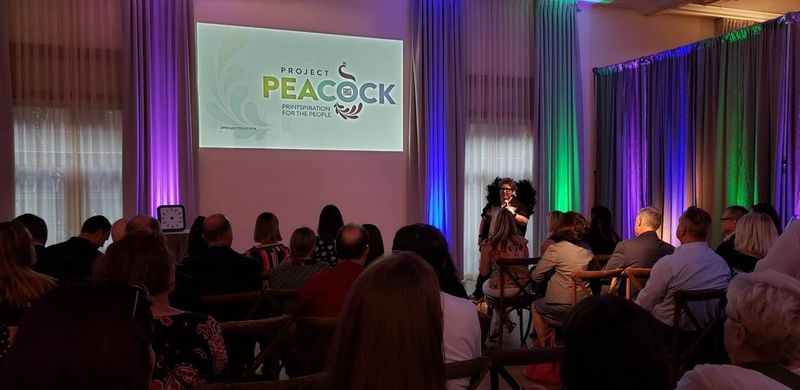 Deborah Corn stands at the front of a room with a microphone, in front of rows of seats filled with people. There is a presentation projected onto the wall beside her.