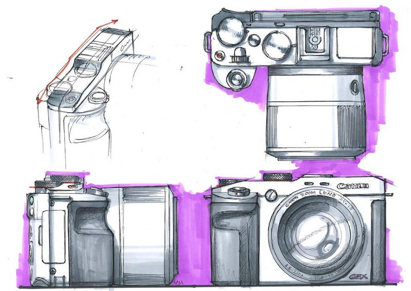 Ontwerpschetsen voor de Canon PowerShot G3 X.