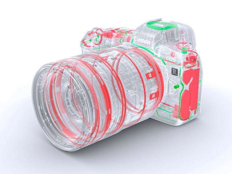 Schematische doorsnede van de EOS R-systeemcamera en het objectief, met daarop de precisieonderdelen en het gebruik van afdichtingsmaterialen.