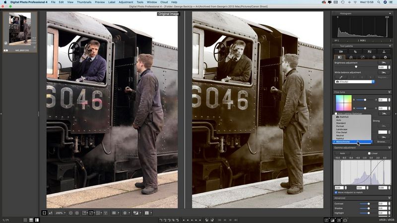 A picture of two men at the footplate of a steam locomotive, in colour and in mono in Canon's DPP software.