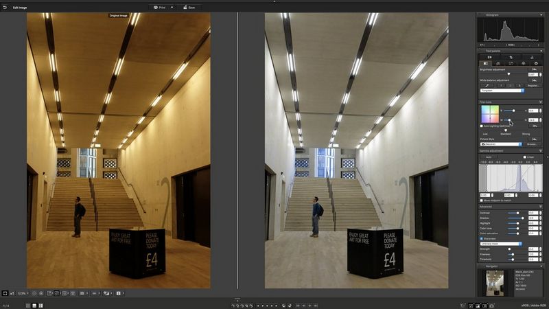 Prima e dopo di una ripresa di un interno con un colore caldo che viene corretta con il software DPP di Canon.
