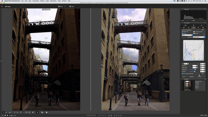 Edifici con ombreggiature profonde schiariti con il software DPP di Canon per rivelare i dettagli senza far risaltare le aree del cielo retrostante.