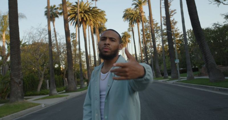 A man standing in the middle of a street lined with palm trees, with one hand stretched out towards the camera.