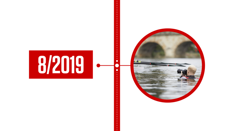 Een afbeelding met een verticale tijdlijn, met links de tekst 8/2019 en rechts een foto van het hoofd van een man boven het water.