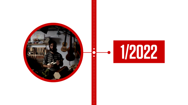 Een afbeelding met een verticale tijdlijn, met rechts de tekst '1/2022' en links een foto van een man die een ukulele vasthoudt.