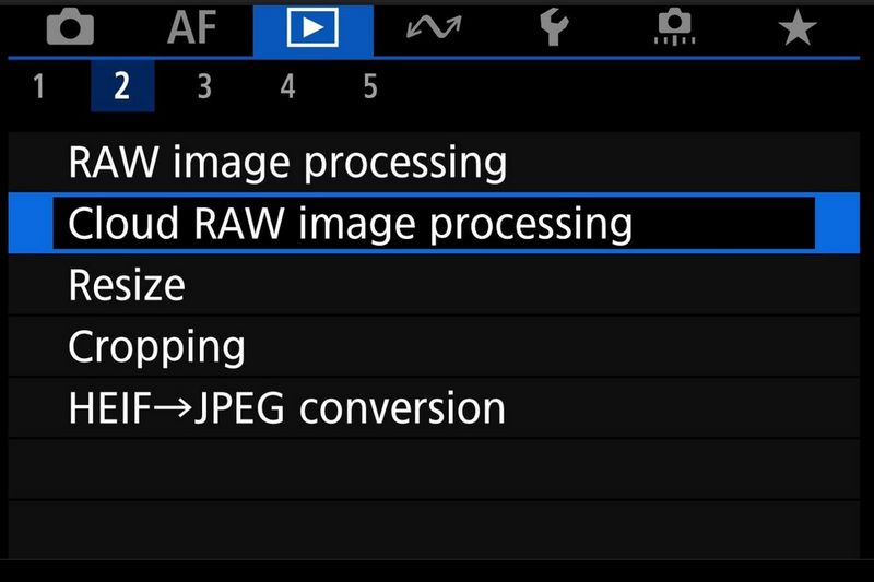 A screen shot from the menu screen of the Canon EOS R3, showing the cloud RAW image processing option highlighted.