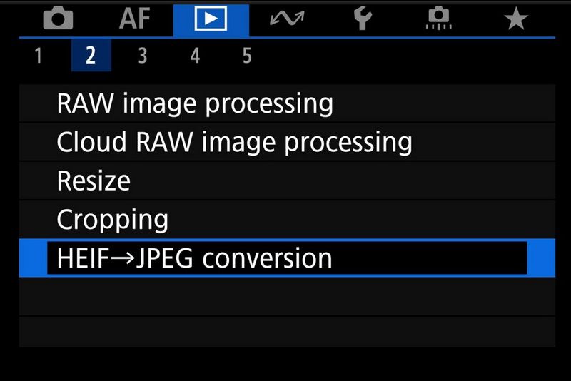 The image processing options menu screen on an EOS R3, showing the HEIF to JPEG conversion option highlighted.