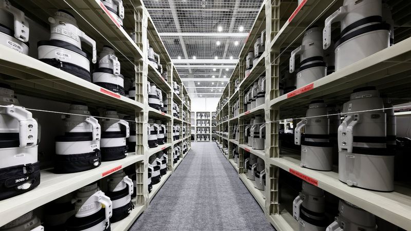 Magazijnstellingen gevuld met witte Canon-telelenzen.