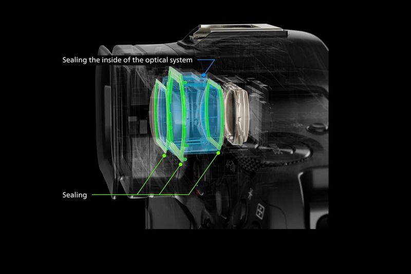 Схема в разрезе, на которой показан электронный видоискатель Canon EOS R1 с защитой от запотевания.