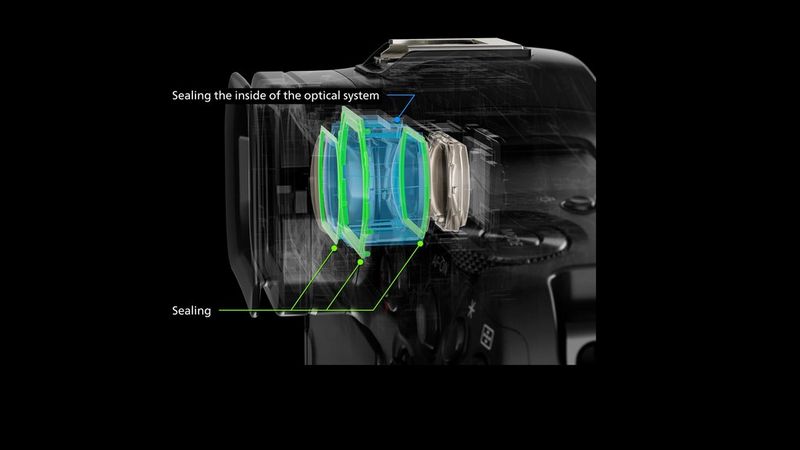 Een opengewerkte illustratie van een Canon EOS R1 met de afdichting in en rond de elektronische zoeker om condensvorming te voorkomen.