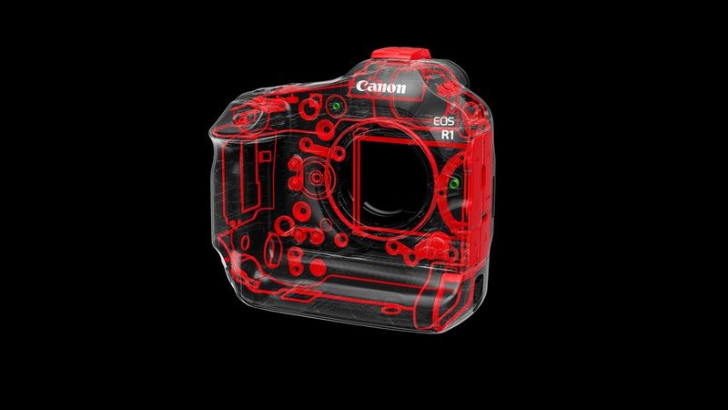 Een illustratie van de stof- en waterbestendige afdichtingen op de body van de Canon EOS R1.