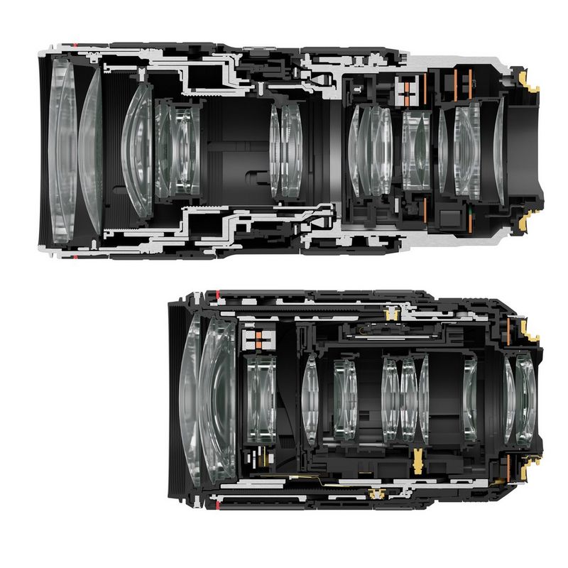 Cutaway views of a Canon EF 70-200mm f/2.8L IS III USM lens and an RF 70-200mm F2.8L IS USM lens, showing how much smaller the latter is than the former.