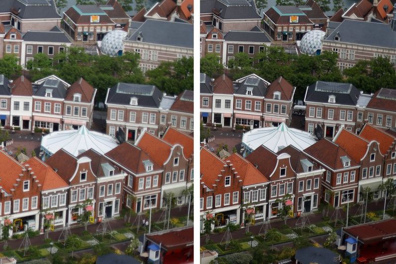 Een close-up van Huis Ten Bosch in Nagasaki, Japan, naast een vrijwel identieke foto met scherpere details.