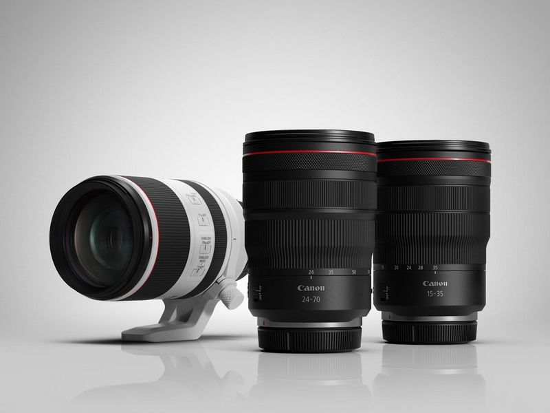 Canon's drie RF-zoomobjectieven: de RF 15-35mm F2.8L IS USM, RF 24-70mm F2.8L IS USM en RF 70-200mm F2.8L IS USM.