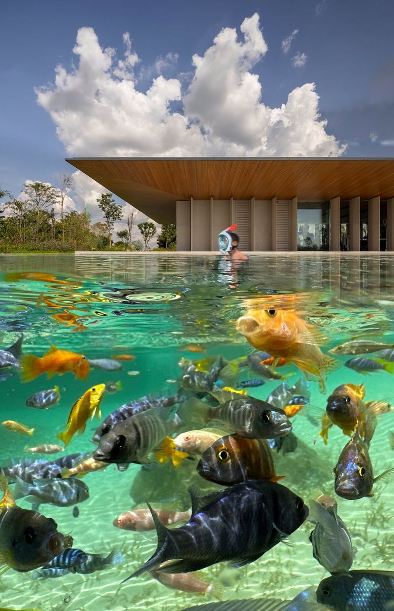 Shot by photographer Fernando Guerra with the camera half-submerged in the water, brightly coloured tropical fish swim in a pool alongside an office building.
